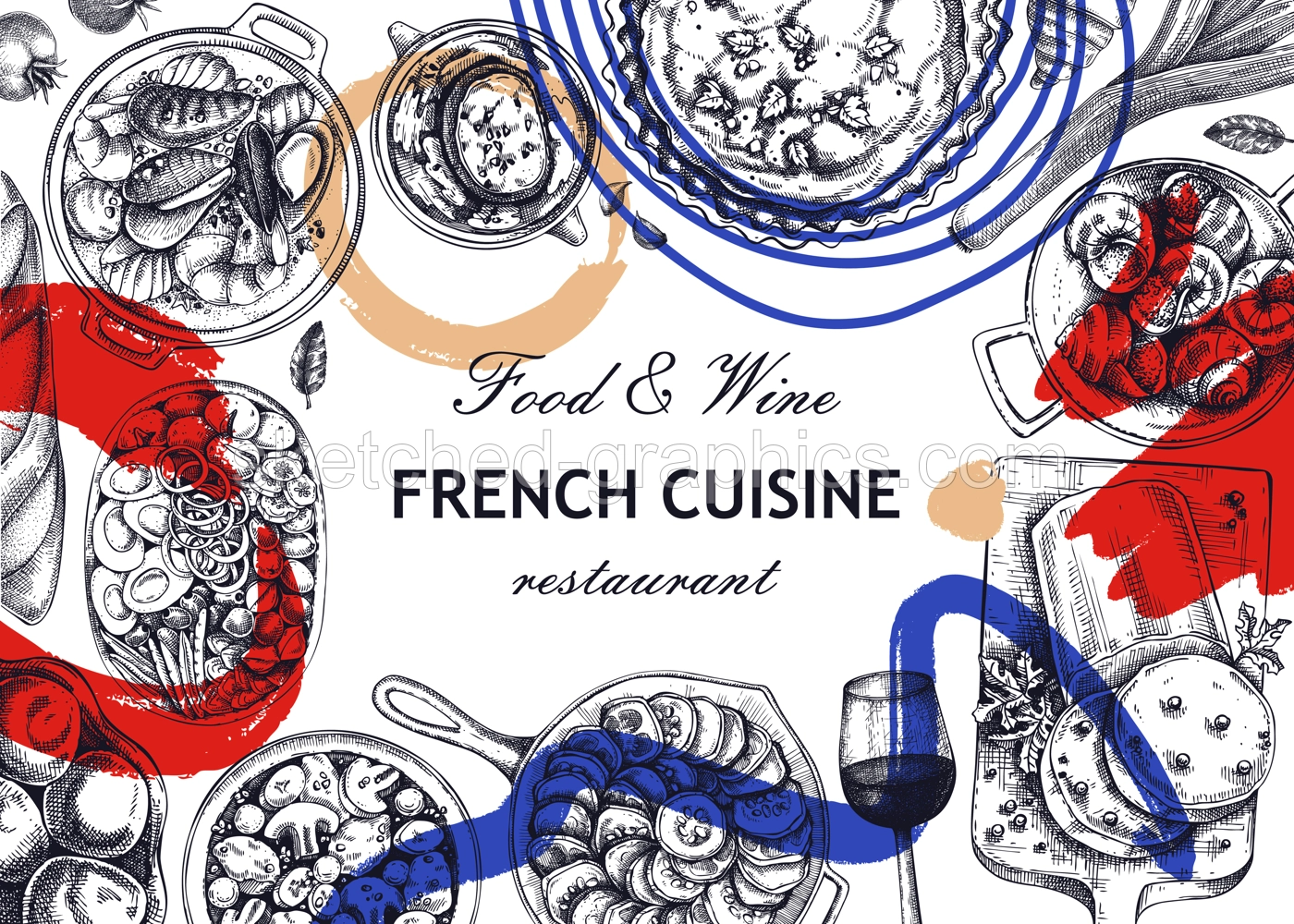 Collage-style French food frame design. Vintage food and wine sketches. Restaurant menu. France background. Hand-drawn vector illustration, NOT AI generated Illustration